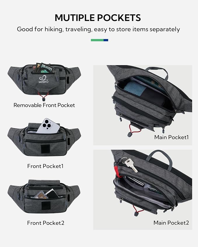WATERFLY Large Fanny Pack Waist Bag: Multipocket Woman Man Waist Pack Runner Hip Pouch Purse Belt Bag Water Resistant Bum Bag Fit All Phones for Walking Jogging Running Cycling Travelling Hiking