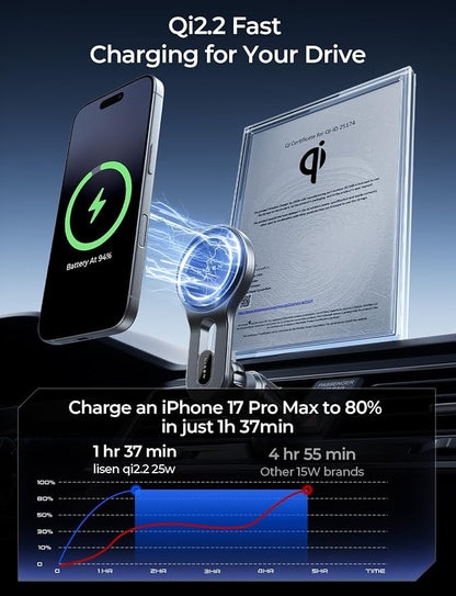 LISEN for Qi2.2 25W MagSafe Car Mount Charger, [Stable & Fast Charging] Magnetic Wireless Car Charger, Car Phone Holder Charger Car Accessories Fits iPhone 17 Pro Max Air 16/15/14/13/ Galaxy S26 Ultra