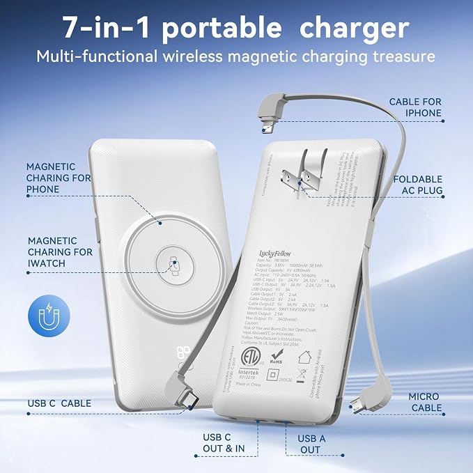 Magnetic 10000mAh Portable Charger for iWatch & iPhone, PD Fast Charging Wireless Power Bank Built-in Cables and Wall Plug, External Travel Battery Pack Compatible with iOS Android Phones
