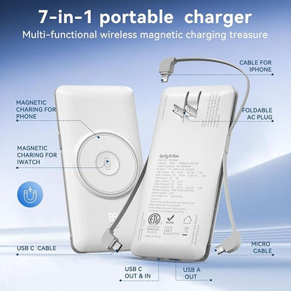 Magnetic 10000mAh Portable Charger for iWatch & iPhone, PD Fast Charging Wireless Power Bank Built-in Cables and Wall Plug, External Travel Battery Pack Compatible with iOS Android Phones