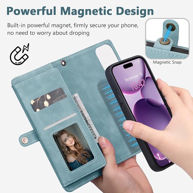 Wallet Case for iPhone 16 Plus with Card Holder/Crossbody Wallet/Strap| RFID Blocking | Magnetic | Kickstand | Detachable | PU Leather Phone Case for iPhone 16 Plus,6.7 in,Blue