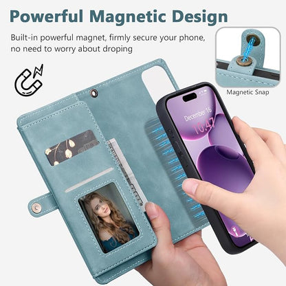 Wallet Case for iPhone 16 Plus with Card Holder/Crossbody Wallet/Strap| RFID Blocking | Magnetic | Kickstand | Detachable | PU Leather Phone Case for iPhone 16 Plus,6.7 in,Blue