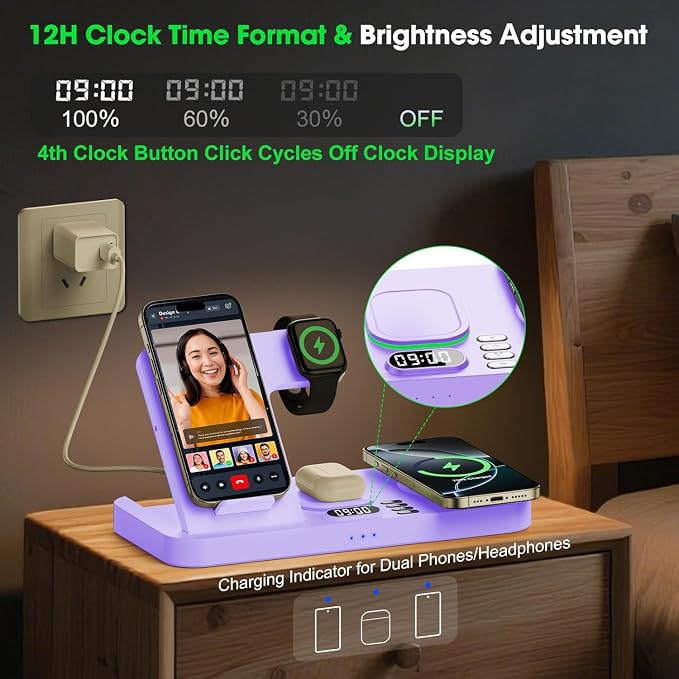 Dual Phone Wireless Charging Station for Apple Devices, Magnetic Charging Station for iPhone with Auto Switch 7-Color Light&Clock, Family Watch Charger for iPhone17 for iWatch11 for AirPods Pro3(Lilac