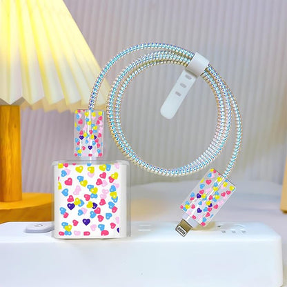 Phone Charger Case Storage Set with Cute Heart Cable Protector with Carrying Cable Case Bag,Cord Organizer, USB Earphone Wire Saver Organizer Charger Protector for iPhone (Colourful Heart)