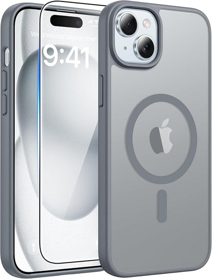 FNTCASE for iPhone 15/14/13 Case, Fit for Magsafe, Glass Screen Protector | Translucent Matte, Magnetic Phone Cases, 14FT Military Grade Drop Protection, Slim Shockproof Protective Cover, Gray