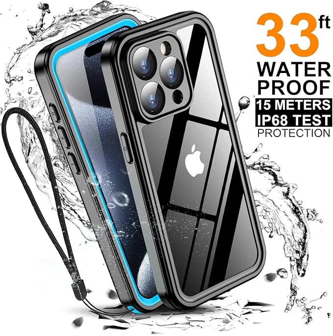 Temdan for iPhone 15 Pro Case Waterproof, [Built-in Screen Protector][IP68 Underwater][15FT Military Dropproof][Dustproof][Real 360] Full Body Shockproof Protective Phone Case 6.1'' - Blue/Clear