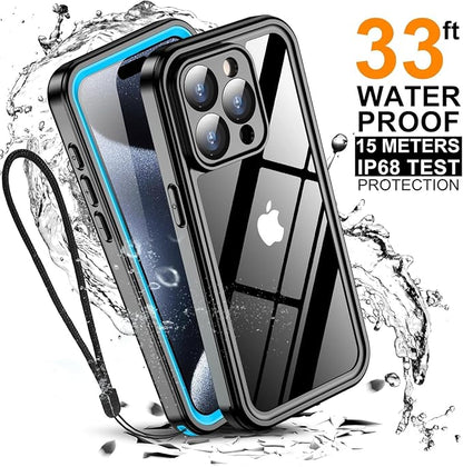 Temdan for iPhone 15 Pro Case Waterproof, [Built-in Screen Protector][IP68 Underwater][15FT Military Dropproof][Dustproof][Real 360] Full Body Shockproof Protective Phone Case 6.1'' - Blue/Clear