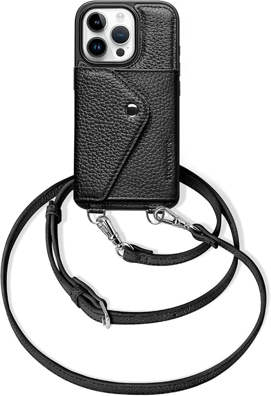 LUCKYCOIN for iPhone 16 Pro Crossbody Wallet Case – Genuine Leather Phone Purse with Adjustable Strap and Card Holder,Lanyard Phone Purse Case for Women,Pebble Grain Black