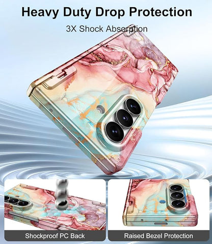Btscase for Samsung Galaxy Z Fold 7 Case,Built in Front Screen Protector,Gold Glitter Marble Pattern Hard PC Slim Shockproof Full Body Drop Protective Case for Galaxy Z Fold 7 5G, Rose Gold