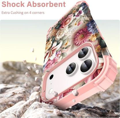 Hocase for iPhone 17 Pro Max Case, Heavy Duty Shockproof Protection Soft Silicone Rubber+Hard Plastic Bumpers Hybrid Protective Case for iPhone 17 Pro Max 2025 - Rose Flowers
