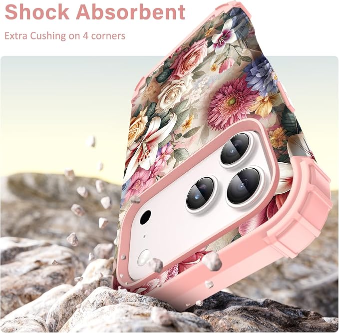 Hocase for iPhone 17 Pro Case 6.3", Heavy Duty Shockproof Protection Soft Silicone Rubber+Hard Plastic Bumpers Hybrid Protective Case for iPhone 17 Pro 2025 - Rose Flowers