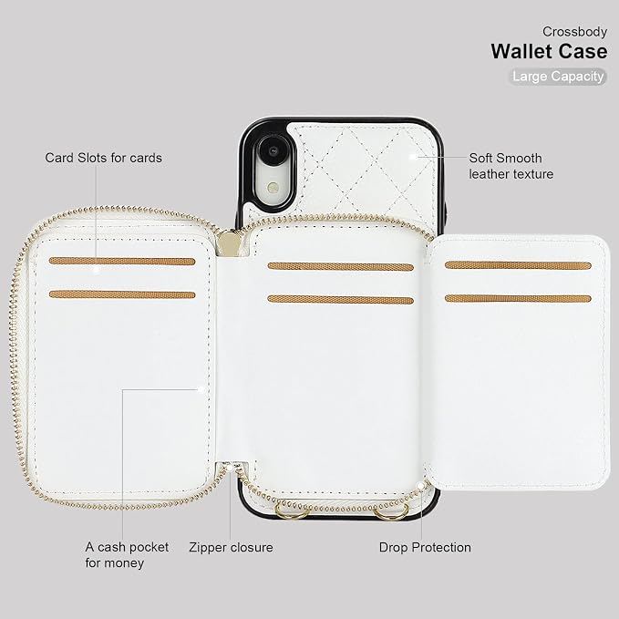 Bocasal Crossbody Wallet Case for iPhone Xr, RFID Blocking PU Leather Zipper Handbag Purse Flip Cover, Kickstand Folio Case with Card Slots Holder Wrist Strap Lanyard 6.1 Inch (White)