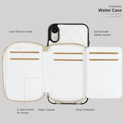 Bocasal Crossbody Wallet Case for iPhone Xr, RFID Blocking PU Leather Zipper Handbag Purse Flip Cover, Kickstand Folio Case with Card Slots Holder Wrist Strap Lanyard 6.1 Inch (White)