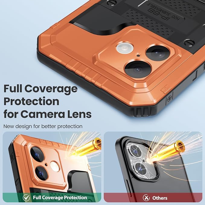 Mitywah Waterproof Case for iPhone 17, Rugged Metal Case with Built-in Screen Protector, Heavy Duty Full Body Shockproof Protective Cover 6.3 inch, Orange