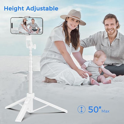 Selfie Stick Travel Tripod for Cell Phone with Remote Control and Phone Holder, Extendable Selfie Stick for iPhone, iPhone Tripod for Video Recording, 50 Inch, White