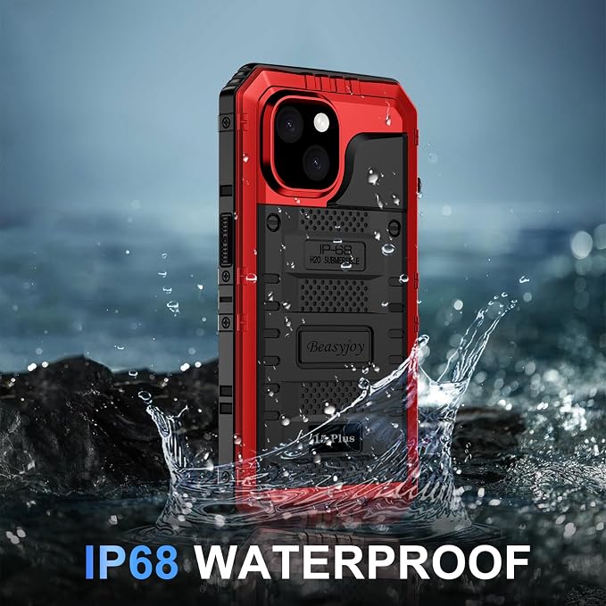 Beasyjoy for iPhone 15 Plus Case Waterproof, Metal Heavy Duty Full Body Protective Case with Built-in Screen Protector, Military Grade Shockproof Dustproof Defender Case for iPhone 15 Plus 6.7", Red