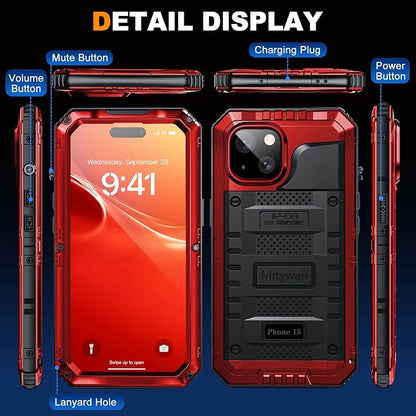 Mitywah Waterproof Case for iPhone 15, Heavy Duty Shockproof Case with Built-in Screen Protector, Full Body Underwater Protective Metal Case 6.1 inch, Red
