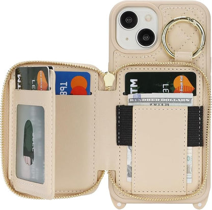 Crossbody Wallet Case for iPhone 14, PU Leather Zipper Handbag Purse Flip Cover, Kickstand Folio Case with Card Slots Holder Wrist Strap Lanyard 5G 6.1 Inch-White