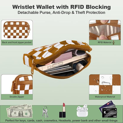 YFWE Clip and Go Strap for Phone with Wallet Crossbody, Adjustable Phone Lanyard with Detachable RFID Wristlet Wallet, Phone Strap with Phone Tabs for All Phones, Bronze Checkered (M)