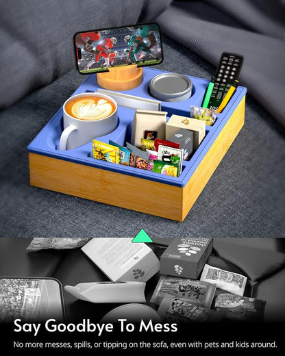 Couch Cup Holder Tray - Couch Organizer Caddy, Silicone Beach Caddy with Cup Holder, Sofa and Bed Drink Holder and Couch Tray Table for Snacks Beverage Remote (Blue)