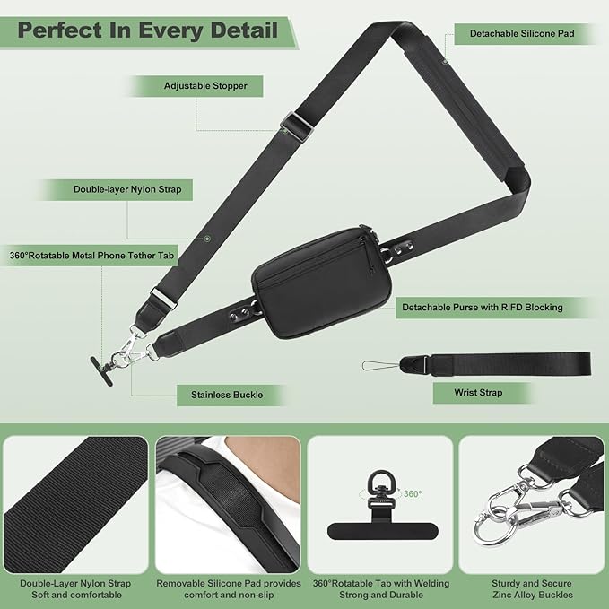 YFWE Clip and Go Strap for Phone with Wallet Crossbody, Adjustable Phone Lanyard with Detachable RFID Wristlet Wallet, Universal Phone Strap with 360° Rotatable Phone Tabs for All Phones (Black)