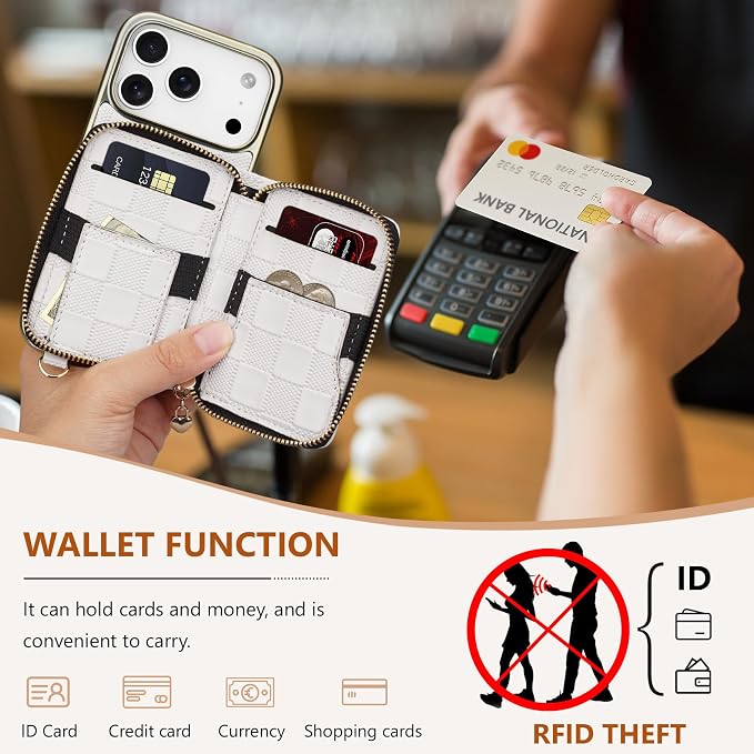 Keallce for iPhone 17 Pro 6.3'' Wallet Case, Crossbody Zipper Purse with 4 Card Slots RFID Blocking, Lanyards & Wrist Straps, Flip Leather Folio Cover with Kickstand for iPhone 17 Pro, White