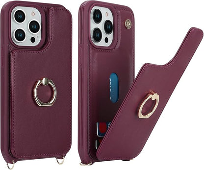 Lipvina for iPhone 13 Pro Max/iPhone 12 Pro Max Case with Card Holder for Women,Crossbody Strap Lanyard,Credit Card Holder,Ring Stand,Snap Clasp,Wallet Case 6.7 inch (Wine Red)