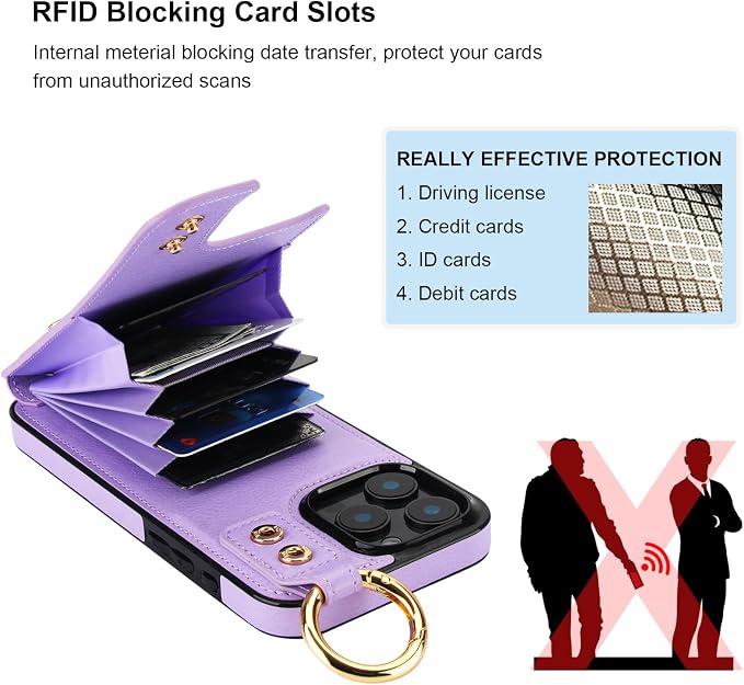 Folosu for iPhone 16 Pro Max Wallet Case with Card Holder, Hand Wrist Strap Loop Holder Kickstand, RFID Blocking Finger Grip Ring PU Leather Double Buttons Shockproof Cover 6.9" Purple