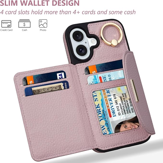 Keallce Wallet Case for iPhone 16 Plus 6.7'', Flip Case with Card Slots, Ring Holder Kickstand, PU Leather Protective Folio Cover for Women, Pink