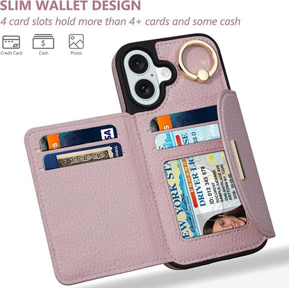 Keallce Wallet Case for iPhone 16 Plus 6.7'', Flip Case with Card Slots, Ring Holder Kickstand, PU Leather Protective Folio Cover for Women, Pink