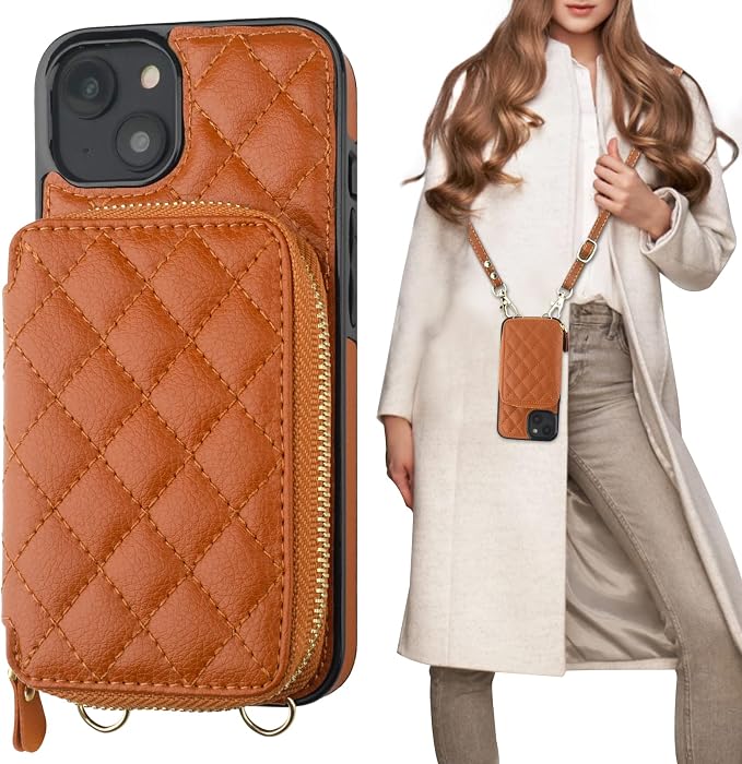 Bocasal Crossbody Wallet Case for iPhone 14 Plus, RFID Blocking PU Leather Zipper Handbag Purse Flip Cover, Kickstand Folio Case with Card Slots Holder Wrist Strap Lanyard 5G 6.7 Inch (Brown)