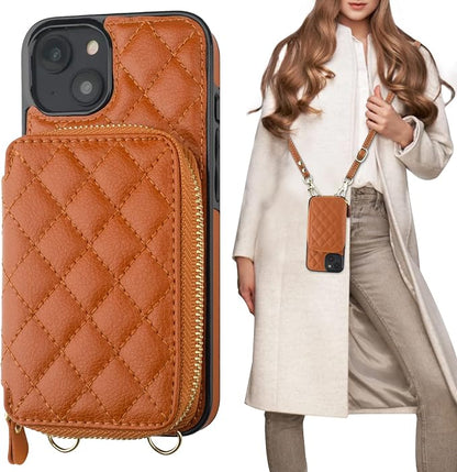 Bocasal Crossbody Wallet Case for iPhone 14 Plus, RFID Blocking PU Leather Zipper Handbag Purse Flip Cover, Kickstand Folio Case with Card Slots Holder Wrist Strap Lanyard 5G 6.7 Inch (Brown)