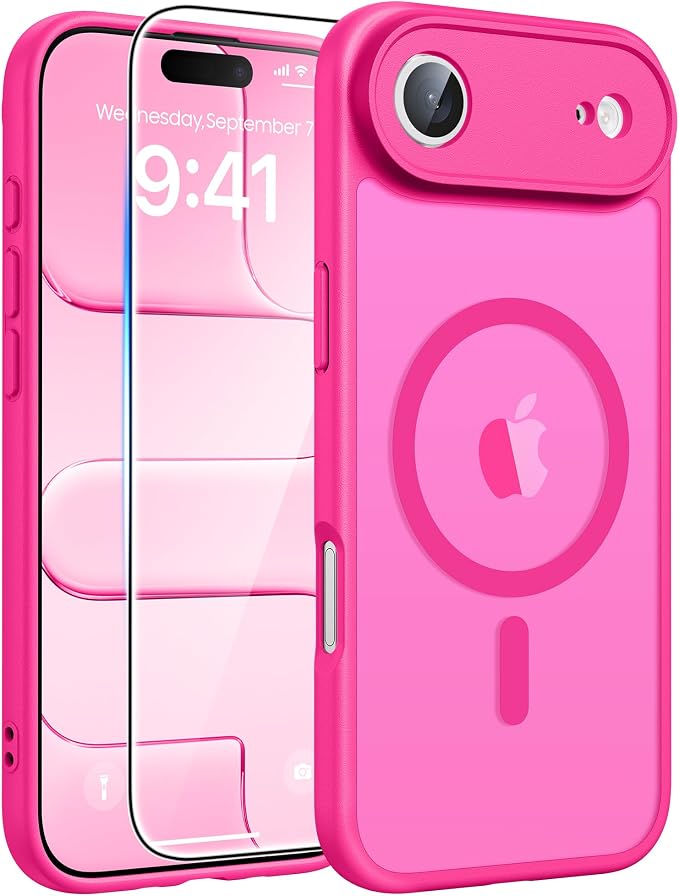 FNTCASE for iPhone Air Case: [Compatible with Magsafe] Translucent Matte Cases with [Full Camera Protection] [Screen Protector] Military Grade Shockproof Protective Phone Cover - Hot Pink