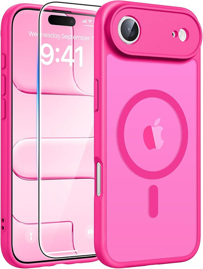 FNTCASE for iPhone Air Case: [Compatible with Magsafe] Translucent Matte Cases with [Full Camera Protection] [Screen Protector] Military Grade Shockproof Protective Phone Cover - Hot Pink