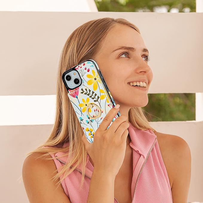 HAOPINSH for iPhone 13/ iPhone 14 Wallet Case with Card Holder, 360°Rotation Ring Kickstand, Floral Flower Pattern, RFID Blocking Leather for Girls Women, Double Buttons Flip Protective Cover 6.1"