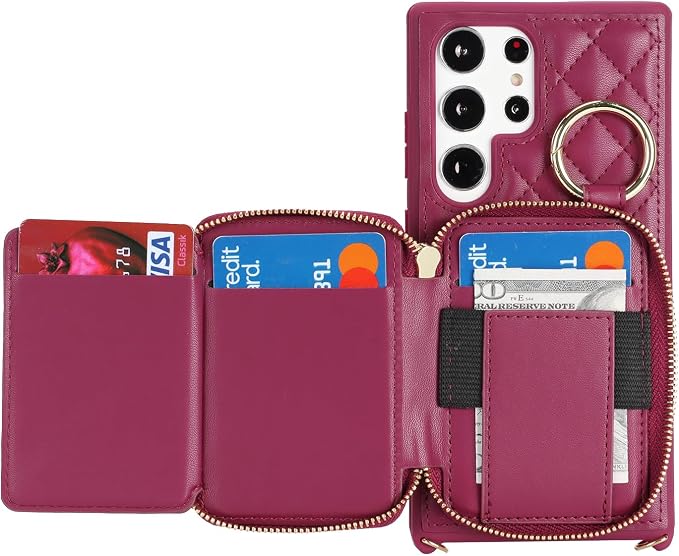 Crossbody Wallet Case for Galaxy S23 Ultra, PU Leather Zipper Handbag Purse Flip Cover, Kickstand Folio Case with Card Slots Holder Wrist Strap Lanyard -Dark red