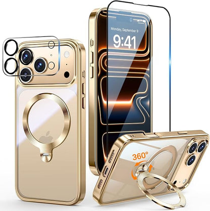 [Tri-Shield Protection] for iPhone 17 Pro Max Case with 360° Spin Stand Compatible with MagSafe [Magnetic CD Ring][Screen & Camera Lens Protector] Shockproof Plating Never-Yellowing, Gold-6.9"