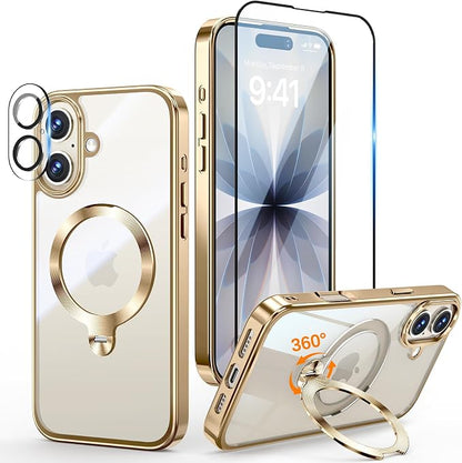 [Tri-Shield Protection] for iPhone 17 Case with 360° Spin Stand Compatible with MagSafe [Magnetic CD Ring] [Screen & Camera Lens Protector] Shockproof Plating Never-Yellowing, Gold-6.3"