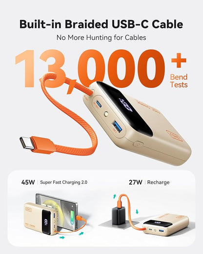 INIU 45W Portable Charger, Smallest 20000mAh Power Bank with Build in USB-C Cable, Fast Charging USB C in&Out Battery Pack, Travel Phone Charger for iPhone 17 16 15 Air Samsung S25 S24 Google, Beige