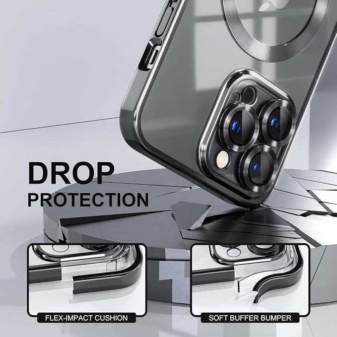 Misea Magnetic for iPhone 14 Pro Case Compatible with MagSafe [Never Yellowing] [Military Grade Drop Protection] Full Camera Lens Protector Plating Soft Clear Phone Case for Women Girls, Black