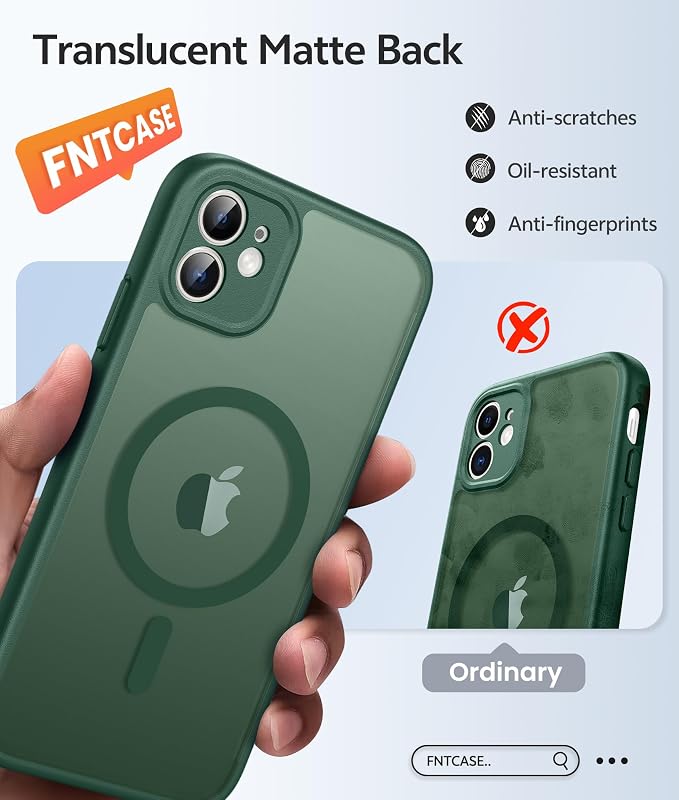 FNTCASE for iPhone 11 Case: [Compatible with Magsafe] Translucent Matte Magnetic Cases [Full Camera Protection] Military Grade Shockproof Protective Phone Cover - Green