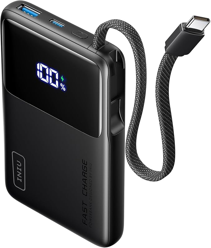INIU 10000mAh Power Bank, Small 45W PD Fast Charging Portable Charger with Built-in USB C Cable, Flight-Safe Travel External Phone Battery Pack for iPhone 17 Pro Max Samsung S26 iPad etc, Black