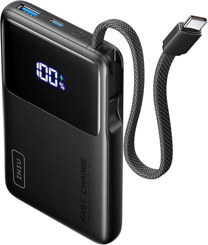 INIU 10000mAh Power Bank, Small 45W PD Fast Charging Portable Charger with Built-in USB C Cable, Flight-Safe Travel External Phone Battery Pack for iPhone 17 Pro Max Samsung S26 iPad etc, Black