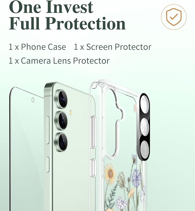 GVIEWIN for Samsung Galaxy S25 Case, Clear Floral Slim Shockproof Protective Women Phone Case, Non-Yellowing, with Screen Protector & Camera Lens Protector for Galaxy S25 6.2", Vibrant Spring