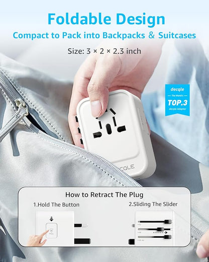Universal Travel Adapter, 2 USB-C ＆ 1 USB-A, Cover 200+ Countries | PD 20W, International Plug Adapter, All in One Portable Adapter, NOT A Voltage Converter, for USA, UK, EU, AU (White)