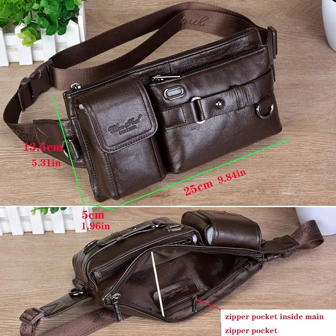 KPYWZER Vintage Leather Waist Bag Fanny Pack for Men Women Hip Bum Belt Slim Cell Phone Purse Casual Waist Wallet Pouch for Outdoors Traveling Casual Running Hiking Cycling Coffee