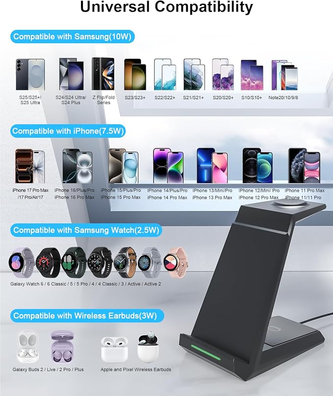 Wireless Charger for Samsung - Nanami 3 in 1 Charging Station for Multiple Devices, Fast Charger Stand for Galaxy S26 S25 S24 S23 Ultra S22 Z Flip Fold 7,Galaxy Watch 6/5/5 Pro/4/3, Galaxy Buds 2 Pro