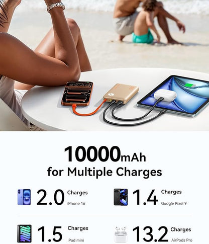 INIU 45W Power Bank, Fast Charging Portable Charger with Built-in USB C Cable, 10000mAh Small Type C Powerbank, Battery Pack for iPhone 17 16 15 14, iPad, Samsung S25 S24 etc Travel Camping, Beige