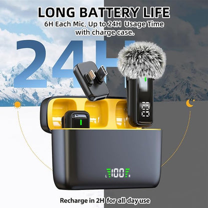 Wireless Lavalier Microphone for iPhone iPad Android - Clip On Mic with Charging Case, 24H Battery Life, Noise Reduction, Lapel Microphone for Video Recording