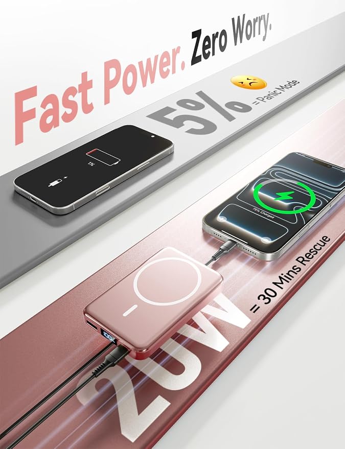 Magnetic Portable Charger, 10000mAh for Magsafe Battery Pack, 20W Fast Charging Power Bank, Travel Essential of Wireless Charger Compatible with iPhone 17/16/15/14/13 Pro/Max/Air/Plus-Rosegold